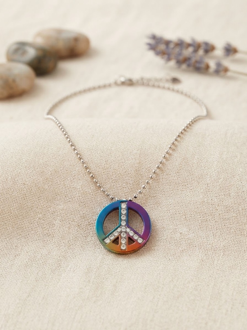 Rainbow Metallic Peace Sign Pendant Necklace with Crystals